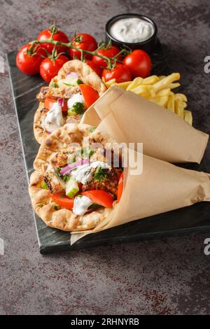 Leckeres griechisches Hühnchen-Gyros mit Gemüse, Pommes frites und Tzatziki-Sauce auf dem Tisch. Vertikal Stockfoto