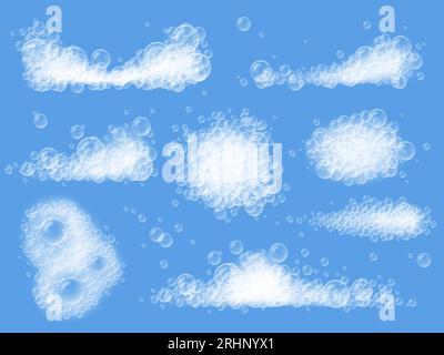 Realistischer Seifenschaum. Reinigen Sie Seifenschaumblasen, unterschiedlich geformte Schäume und Schaum isolierte Vektorillustration Stock Vektor