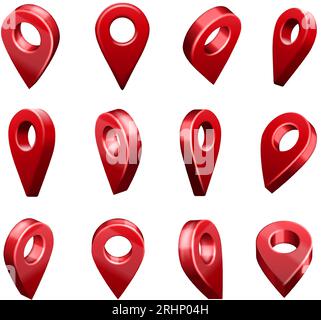 Pointer-Symbole für Positionskarte. Geo-Locator-Systemschild, Reisekarten-Pins und rote Navigationsmarker in verschiedenen 3D-Winkeln isolierter Vektorsatz Stock Vektor