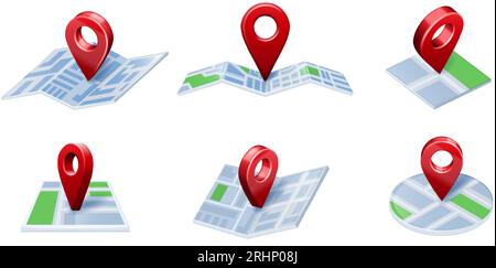 PIN auf Karte. 3D-Positionssymbole, Stadt-GPS-Navigation und Karten, die Pfeile zeigen, isolierte Vektorillustration Stock Vektor