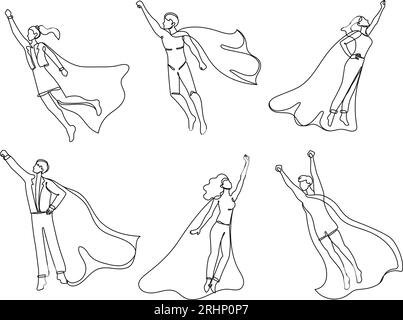 Durchgehender Superheld mit einer Zeile. Mann und Frau fliegen mit HERO cape, Super Success Mitarbeiter und Leader Vektor Illustration Set Stock Vektor