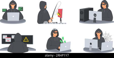 Anonymer Hacker mit Kapuze. Cyber-Angreifer verstecken seine Identität und verursachen Computerviren, Phishing-Angriffe und Informationsdiebstahl. Cyberkriminalitätsvektor Stock Vektor