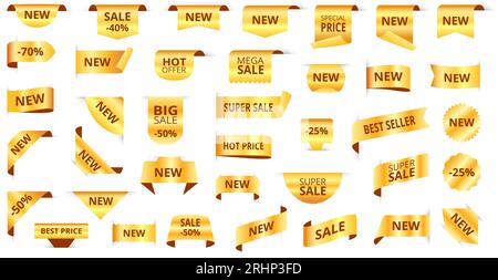 Goldene Tags. Neue Etikettenbänder, goldener Verkaufsetikett und Rabattabzeichen. Vektorbündel für Werbeangebote mit Bannern Stock Vektor