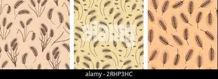 Von Hand gezeichnetes nahtloses Weizenmuster. Weizenohren- und -Kornmotive für von der Natur inspirierte Blumentextilien und Verpackungsdesigns Vektorset Stock Vektor