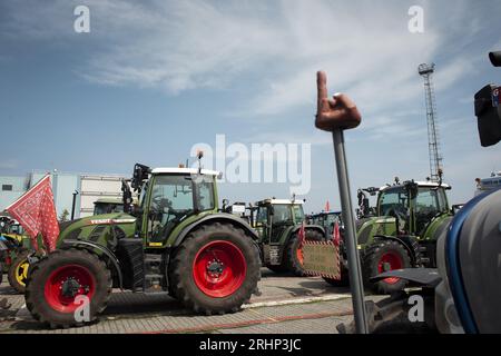 Brüssel, Belgien. August 2023. Die Abbildung zeigt Traktoren während eines Protestes gegen ein neues Industriewerk von Ineos in Antwerpen, Freitag, den 18. August 2023. Die kollektive 'Farmers Defence Force' (FDF) ist heute mit rund tausend Unterstützern auf dem Weg nach Antwerpen. Aus der Region Brecht und aus der Region Kempen kommen Unterstützer zu einem Protest im Park Spoor Oost. Sie entschieden sich speziell für Antwerpen, weil sie behaupten, N-VA würde den roten Teppich für Ineos' neue Fabrik hier ausrollen. BELGA PHOTO KRISTOF VAN ACCOM Credit: Belga News Agency/Alamy Live News Stockfoto