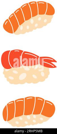 Sake Nigiri, toro Sushi, ebi Sushi. Japanische Küche, traditionelles Essen. Vektorillustration. Stock Vektor