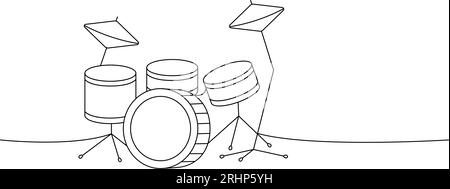 Trommelsatz, einzeilige durchgehende Zeichnung. Einzeilige Darstellung von Musikinstrumenten. Vektor minimalistische lineare Illustration. Stock Vektor