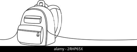 Schulrucksack, Schultasche, Bürozubehör, eine Linie durchgehendes Zeichnen. Fortlaufende einzeilige Illustration zur Schule. Stock Vektor