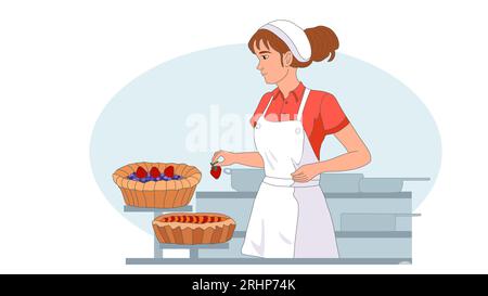 Die Frau schmückt selbstgebackene Obstkuchen mit Erdbeeren. Mädchen Konditorin Koch für das Kochen von gesunden Dessert. Vektor. Geburtstagskuchen, Süßwaren, Stock Vektor