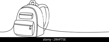 Schulrucksack, Schultasche, Bürozubehör, eine Linie durchgehendes Zeichnen. Fortlaufende einzeilige Illustration zur Schule. Stock Vektor