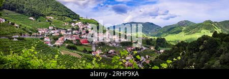 Berühmte Weinregion in Treviso, Italien. Valdobbiadene Hügel und Weinberge an der berühmten Prosecco-Weinstraße Stockfoto