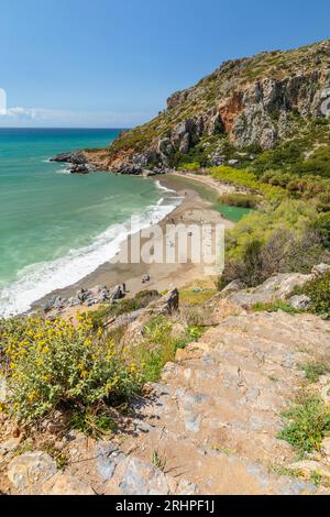 Palmenstrand von Preveli, Rethymno Bezirk, Kreta, Griechenland Stockfoto