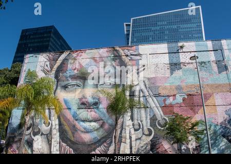 Rio de Janeiro, Brasilien: Die Skyline der Stadt mit Blick auf die Mural das Etnias, genannt We Are All One, die von dem brasilianischen Künstler Eduardo Kobra für die Olympischen Spiele 2016 in Rio geschaffen wurde Stockfoto