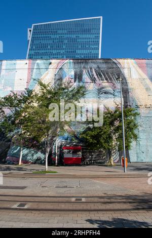 Rio de Janeiro, Brasilien: Die Skyline der Stadt mit Blick auf die Mural das Etnias, genannt We Are All One, die von dem brasilianischen Künstler Eduardo Kobra für die Olympischen Spiele 2016 in Rio geschaffen wurde Stockfoto