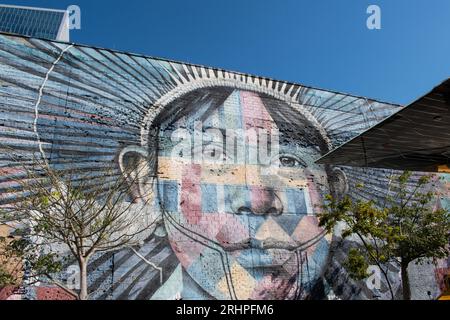 Rio de Janeiro, Brasilien: Die Skyline der Stadt mit Blick auf die Mural das Etnias, genannt We Are All One, die von dem brasilianischen Künstler Eduardo Kobra für die Olympischen Spiele 2016 in Rio geschaffen wurde Stockfoto