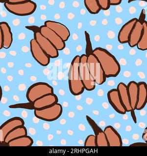 Hand gezeichnetes nahtloses Muster mit Halloween beige braunen Kürbissen auf himmelblauem Punkthintergrund. Pastellfarbenes, geschlechtsneutrales Design mit niedlichem Cartoon-Herbstgemüse, Kinderzimmer für Kinder und schlichte Kunst der Saison Stockfoto