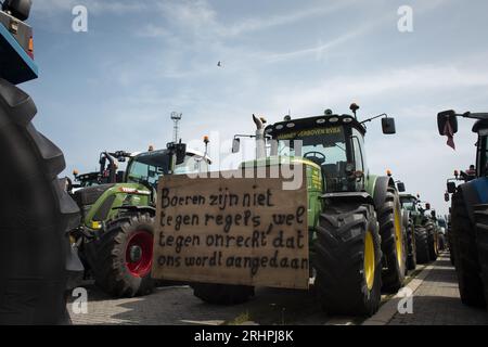 Brüssel, Belgien. August 2023. Die Abbildung zeigt Traktoren während eines Protestes gegen ein neues Industriewerk von Ineos in Antwerpen, Freitag, den 18. August 2023. Die kollektive 'Farmers Defence Force' (FDF) ist heute mit rund tausend Unterstützern auf dem Weg nach Antwerpen. Aus der Region Brecht und aus der Region Kempen kommen Unterstützer zu einem Protest im Park Spoor Oost. Sie entschieden sich speziell für Antwerpen, weil sie behaupten, N-VA würde den roten Teppich für Ineos' neue Fabrik hier ausrollen. BELGA PHOTO KRISTOF VAN ACCOM Credit: Belga News Agency/Alamy Live News Stockfoto