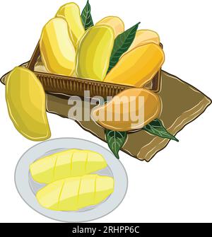 Reife gelbe, orangefarbene Mangos, geschält, in Stücke geschnitten und auf einen Teller gelegt. Stock Vektor