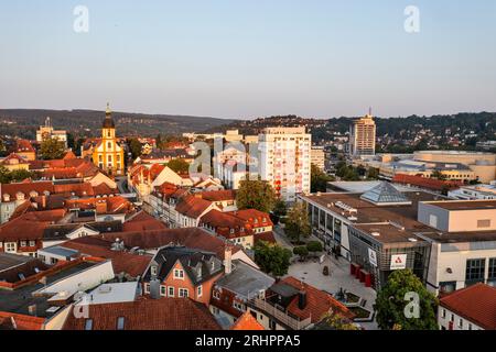 Deutschland, Thüringen, Suhl, Stadt, Häuser, Einkaufszentrum, Kreuzkirche, Übersicht, Luftbild Stockfoto