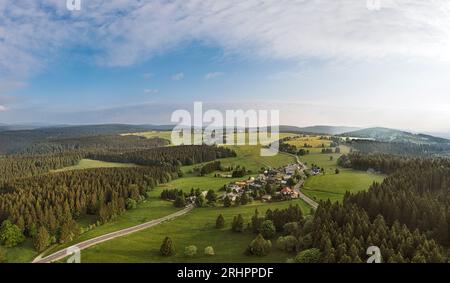 Deutschland, Thüringen, Neustadt (Rennsteig), Kahlert, Dorf, Straße, Rennsteig, Wald, Bergwiesen, Berge, Täler, Übersicht, Luftbild Stockfoto