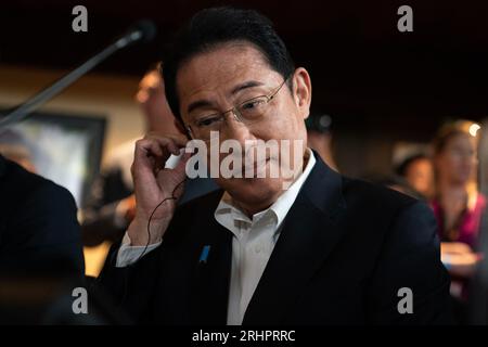 Frederick County, Vereinigte Staaten. August 2023. Der japanische Premierminister Fumio Kishida nimmt am Freitag, den 18. August 2023, am Trilateralen Gipfel in Camp David im Frederick County, Maryland, Teil. Foto von Nathan Howard/UPI Credit: UPI/Alamy Live News Stockfoto