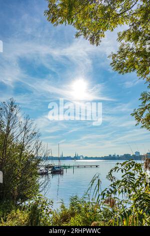 Außenalster in Hamburg mit der Skyline der Stadt im Hintergrund, Büschen und Steg im Vordergrund Stockfoto