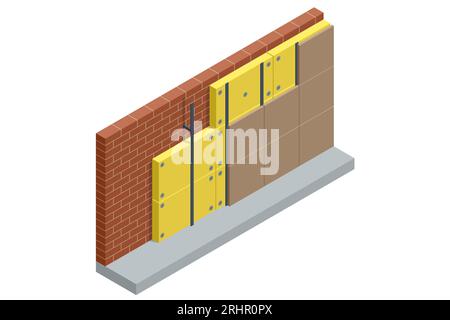 Isometrische Wärmedämmziegelwand. Energieeffizienz für Haushalte. Verbessern Sie die Energieeffizienz Ihres Hauses, sparen Sie Energiekosten, investieren Sie Stock Vektor