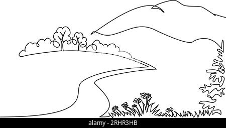 Landschaft mit Blumen, Bäumen und Bergen. Einzeilige Zeichnung Stock Vektor