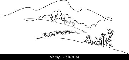 Landschaft mit Blumen, Bäumen und Bergen. Einzeilige Zeichnung Stock Vektor