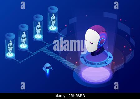 Isometrische Künstliche Intelligenz, Wissen Expertise Intelligenz Lernen. Internet Connect Chat, Chat mit KI, künstliche Intelligenz. Stock Vektor