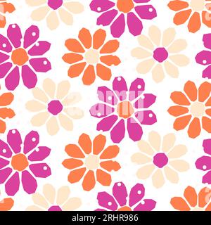 Überdimensionales, Nahtloses Retro-Grafisches Vektor-Muster Mit Blumenmuster. Große vereinfachte Oversize Hand gezeichnet Daisies, abstrakte Blüten rosa orange stilisiert Stock Vektor