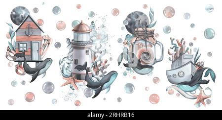 Ein Leuchtturm mit Walen, Muscheln, Seesternen, Korallen, Blasen, dampfschiff, Welle, Anker, Algen, Kabine und Muscheln. Aquarell-Hand Stockfoto