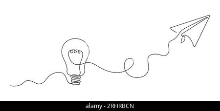 Metapher der grossen Idee im Doodle, Linienstil. Papierflugzeug fliegt. Lösungen im Unternehmen finden. Ideentext im Skizzenstil. Brainstorming-Konzeptvektor. Stock Vektor