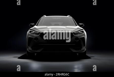 Allgemeiner und ungebrandeter Sportwagen auf dunklem Hintergrund, 3D-Illustration Stockfoto