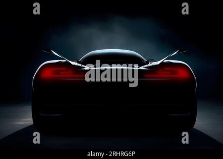 Generisches und ungebrandetes Sportwagen auf dunklem rauchigen Hintergrund, 3D-Illustration Stockfoto