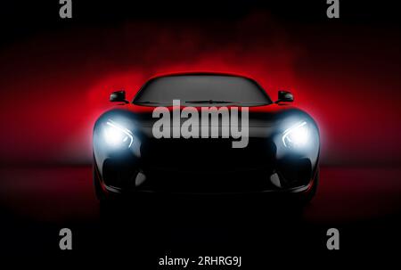 Allgemeiner und ungebrandeter Sportwagen auf dunklem und rotem Hintergrund, 3D-Illustration Stockfoto