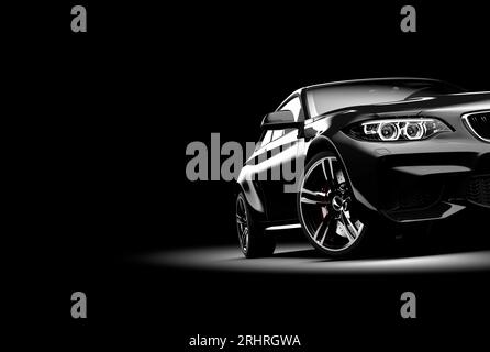 Generisches schwarzes Auto ohne Marke isoliert auf dunklem Hintergrund. 3D-Abbildung Stockfoto