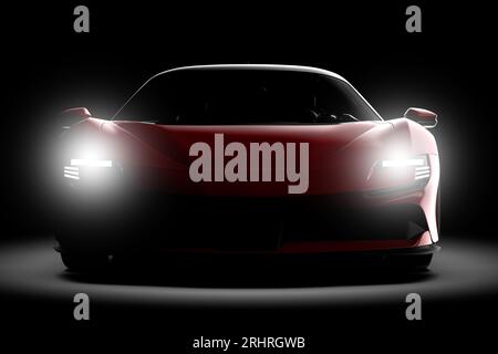 Generisches rotes Auto ohne Markenbezeichnung, isoliert auf dunklem Hintergrund. 3D Abbildung Stockfoto