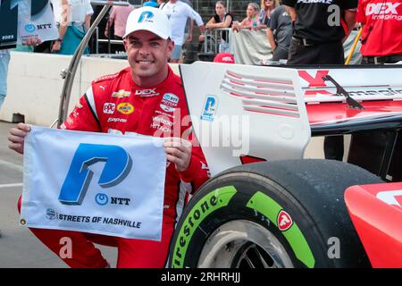 Nashville, TN, USA. Aug. 2023. SCOTT MCLAUGHLIN (3) aus Christchurch, Neuseeland, gewinnt den Pole Award für den Big Machine Music City Grand Prix in den Straßen von Nashville in Nashville, TN, USA. (Bild: © Brandon K. Carter Grindstone Med/ASP) NUR REDAKTIONELLE VERWENDUNG! Nicht für kommerzielle ZWECKE! Stockfoto