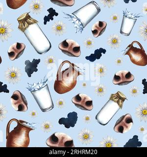 Nahtloses Muster mit Milchprodukten, Kuhnasen, Kuhflecken und Gänseblümchen. Auf blauem Hintergrund. Aquarellzeichnung von Hand. Milchtextur Stockfoto