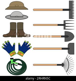 Set mit verschiedenen Gartengeräten für Garten- und Landwirtschaft. Vektorillustration. Set mit landwirtschaftlichen Werkzeugen. Sammlung Garteninstrumente. Stock Vektor