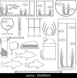 Ausrüstung für Aquarien. Transparente Konturen von Unterwasservektorelementen mit Fischen, Pflanzen, Steinen, Algen. Aquarien unterschiedlicher Formen. Stock Vektor