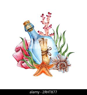 Aquarell-Illustration einer Flasche mit einer Botschaft, Algen, Korallen, Muscheln und Seesternen. Tropisches Meeresklima. Komposition zur Gestaltung von Souvenirs Stockfoto