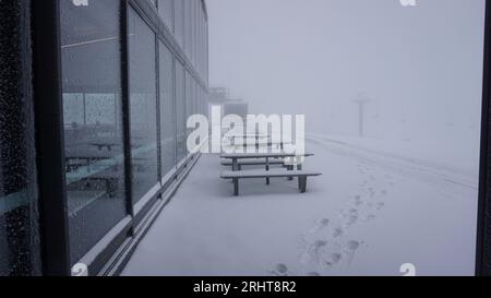 Selwyn Snow Resort, New South Wales, Australien, 19. August 2023. Die schwachen Schneefälle haben das Resort vor 3 Wochen geschlossen und heute ist das Resort wieder für Skifahrer und Rodler geöffnet. Selwyn Snow Resort wurde nach den Buschbränden 2020 wieder aufgebaut. Dies ist die erste Saison, in der das Resort für Schneebenutzer wieder eröffnet werden konnte. Schneebenutzer werden mit weißen Bedingungen und frischem Neuschnee begrüßt. Credit PjHickox/Alamy Live News Stockfoto