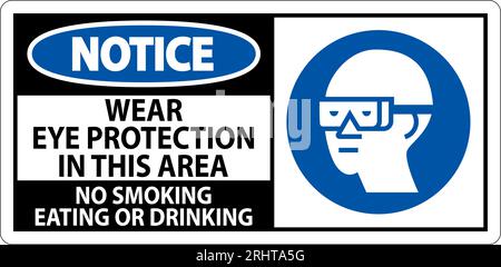 Hinweis Schild Tragen Augenschutz In Diesem Bereich, Rauchen Verboten Essen Oder Trinken Stock Vektor