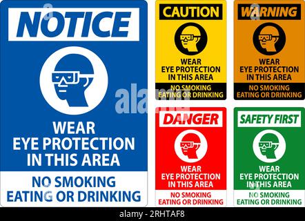Warnschild Tragen Sie In Diesem Bereich Augenschutz, Rauchen Verboten Essen Oder Trinken Stock Vektor