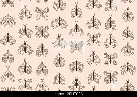 Nahtloses Muster aus Schmetterlingen oder Motten. Ethnische Boheme-Insekten-Linie REPEAT Ornament. Fantasy mystische Boho Umrisse Motten fliegende magische Insekten Textur mystische Schmetterling grenzenlose Tapetenvorlage Stock Vektor