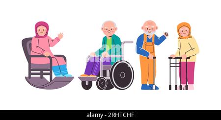 Seniorenalter Großmutter Großvater graue Haare Seniorenrente im Rollstuhl sitzend Stock Vektor