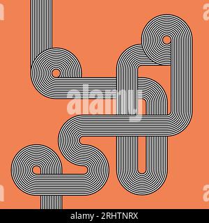 Abstraktes Retro-Muster. Orangefarbener Vintage-Hintergrund. Schwarz-weiß verflochtene Linien. Stock Vektor