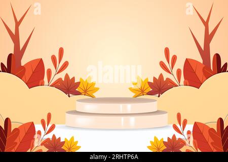 3D-Szenenkomposition für den Herbst mit Podium und Blättern Stock Vektor